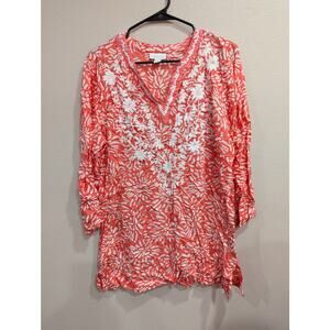 Gorgeous coral & white cotton long sleeve tunic w/ white embroidery size 1X